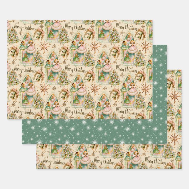 Mid Century Christmas Pastel Angels Wrapping Paper (Set)