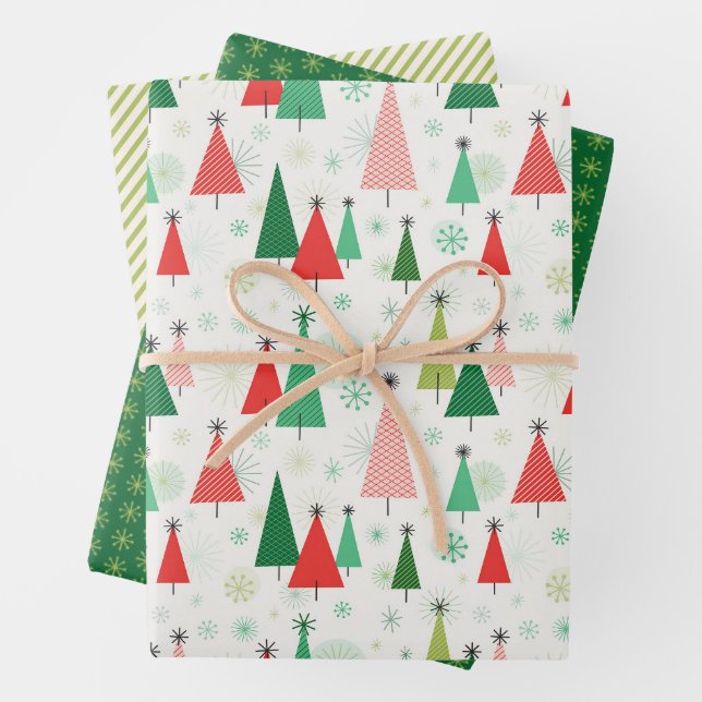 Mid Century Christmas Trees Green and Red Wrapping Paper Sheet (In situ)