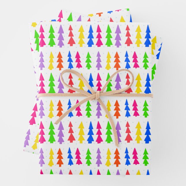 Mid Century Christmas Trees Multi Colour Wrapping Paper Sheet (In situ)