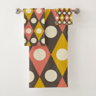 Mid Century Circles on Terracotta Mustard Diamonds Bath Towel Set