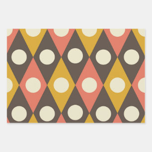 Mid Century Circles on Terracotta Mustard Diamonds Wrapping Paper Sheet