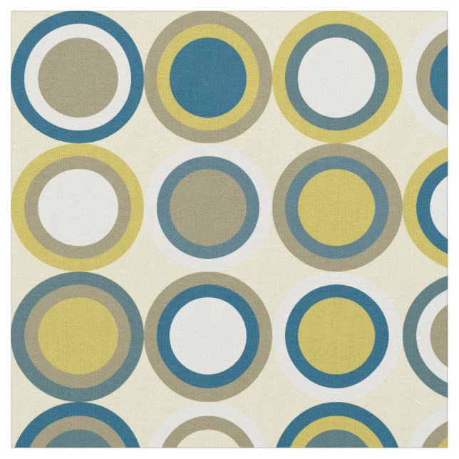 Mid Century Circles Pattern Blue Yellow Tan White Fabric (Close Up)