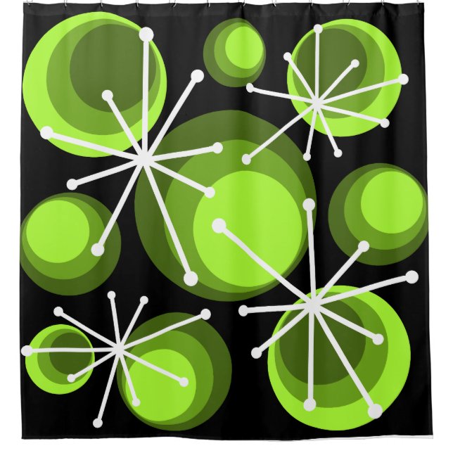 Mid Century Circles Starbursts Chartreuse Shower Curtain (Front)