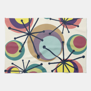 Mid Century Circles Starbursts Colourful Tea Towel