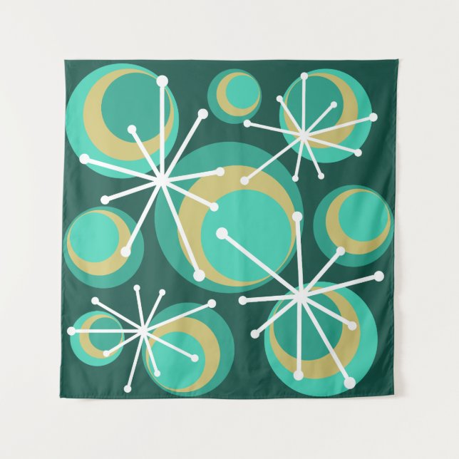 Mid Century Circles Starbursts Teal Tapestry (Front)