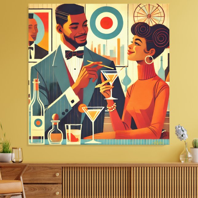 Mid Century Cocktail Party Couples - Soirée Hosts Canvas Print (Insitu(LivingRoom))