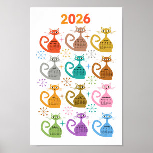 Mid Century Colorful Atomic Cats 2026 Calendar  Poster