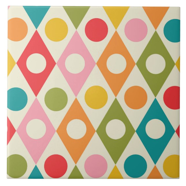 Mid Century Colourful Circles on Diamonds Pattern  Tile (Front)