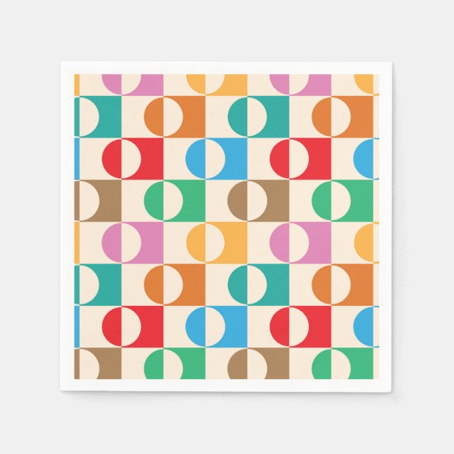 Mid Century Colourful Circles on Squares Pattern  Napkin (Front)