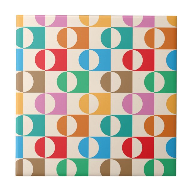 Mid Century Colourful Circles on Squares Pattern Tile (Front)