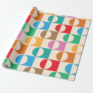 Mid Century Colourful Circles on Squares Pattern Wrapping Paper