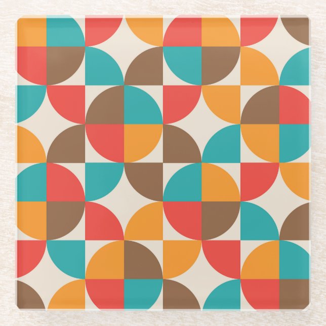 Mid Century Colourful Half Circles Pattern  Glass Coaster (Front)