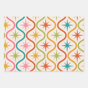 Mid Century Colourful  Starbursts On Ogee Ovals   Wrapping Paper Sheet