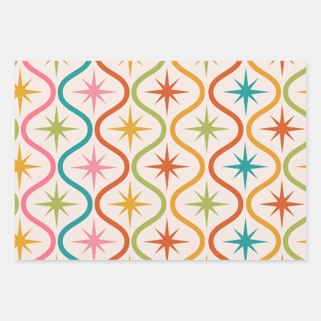 Mid Century Colourful  Starbursts On Ogee Ovals   Wrapping Paper Sheet (Front)