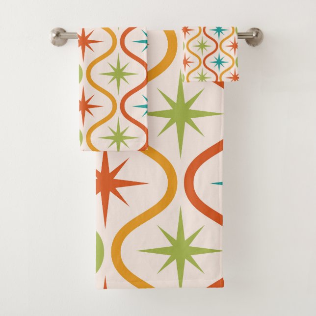 Mid Century Colourful  Starbursts On Ogee Pattern  Bath Towel Set (Insitu)
