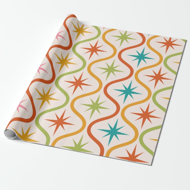 Mid Century Colourful  Starbursts On Ogee Pattern  Wrapping Paper (Unrolled)
