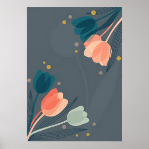Mid Century Coral Teal Tulips Floral Poster