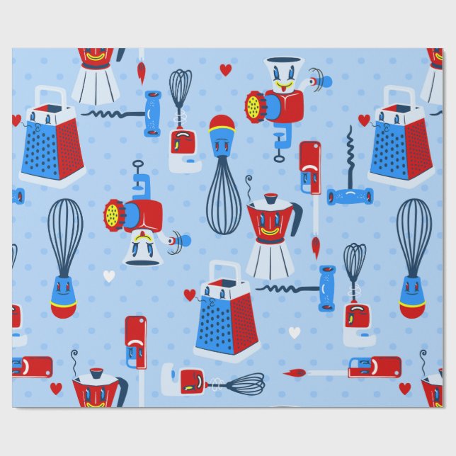 mid century cute kitchen cooking utensils retro wrapping paper (Flat)