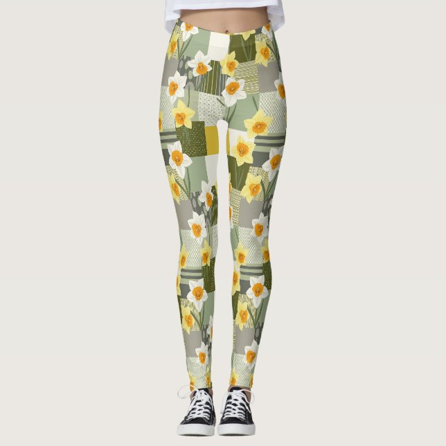 Mid-Century Daffodil Floral Pattern Leggings (Front)