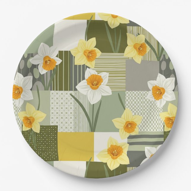 Mid-Century Daffodil Floral Pattern Paper Plate (Front)