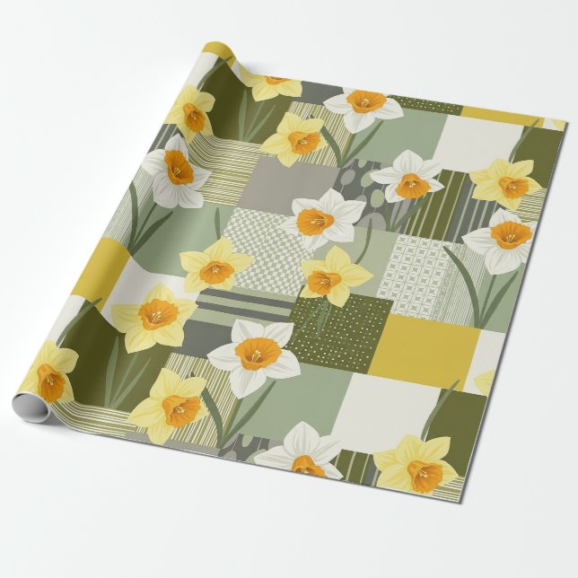 Mid-Century Daffodil Floral Pattern Wrapping Paper (Unrolled)