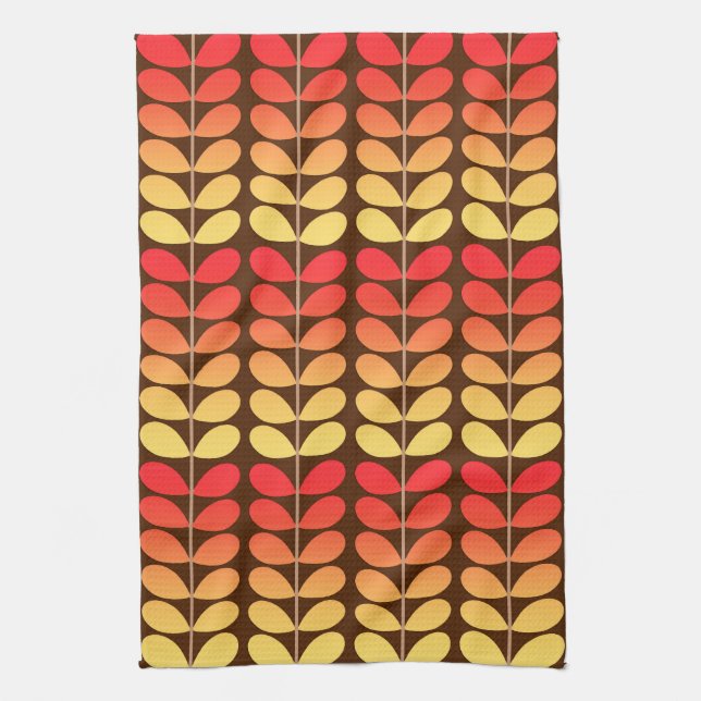 Mid Century Danish Leaves, Brown, Orange & Gold Tea Towel (Vertical)