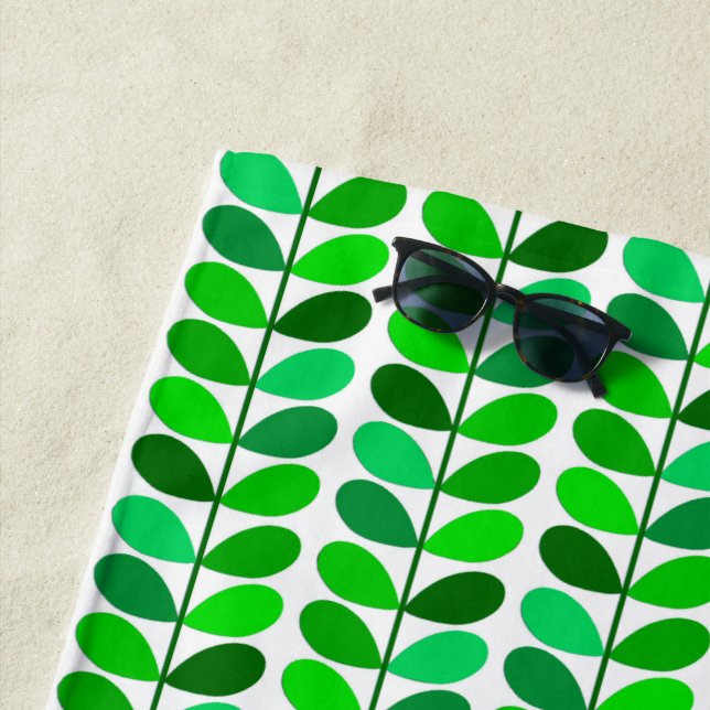 Mid Century Danish Leaves, Emerald and Lime Green Beach Towel (In Situ)