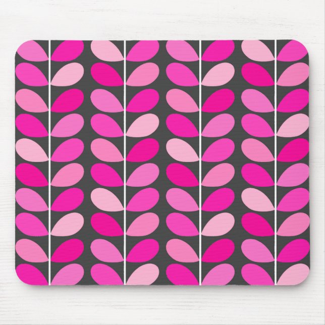 Mid Century Danish Leaves, Fuchsia Pink and Grey Mouse Mat (Front)