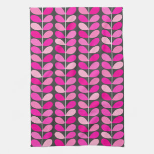 Mid Century Danish Leaves, Fuchsia Pink and Grey Tea Towel
