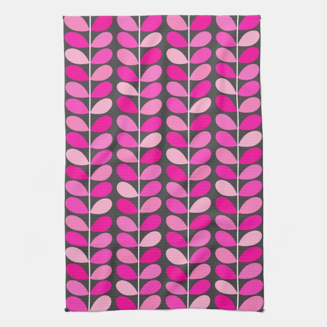 Mid Century Danish Leaves, Fuchsia Pink and Grey Tea Towel (Vertical)