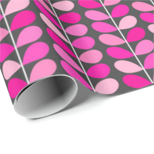 Mid Century Danish Leaves, Fuchsia Pink and Grey Wrapping Paper