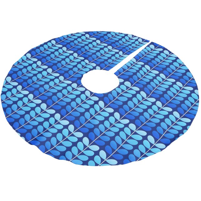 Mid Century Danish Leaves, Navy and Cobalt Blue Brushed Polyester Tree Skirt (Angled)