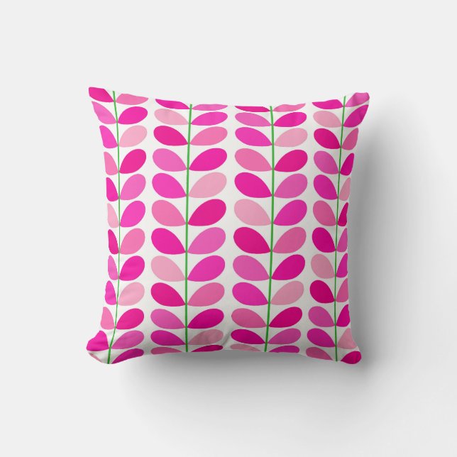 Mid Century Danish Leaves, Shades of Fuchsia Pink Cushion (Front)