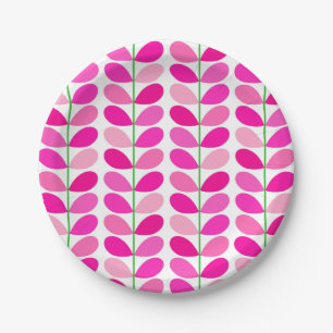 Mid Century Danish Leaves, Shades of Fuchsia Pink Paper Plate