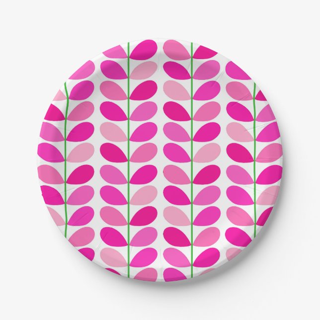 Mid Century Danish Leaves, Shades of Fuchsia Pink Paper Plate (Front)