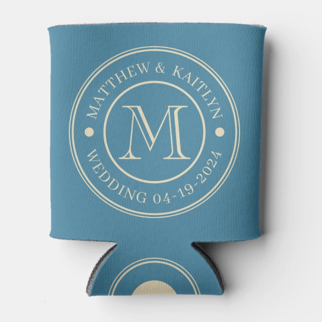 Mid-Century Deep Aqua Wedding Monogram Can Cooler (Front)