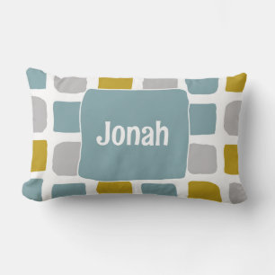 Mid Century Design for Boy with Name in Teal  Lumbar Cushion