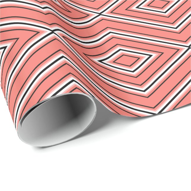 Mid Century Diamond Pattern Coral, Black and White Wrapping Paper (Roll Corner)