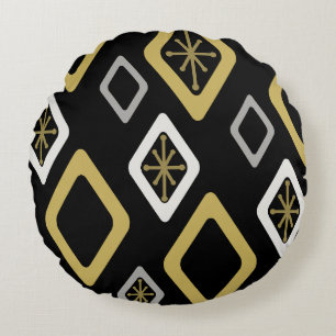 Mid Century Diamonds Black Gold Round Cushion