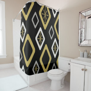 Mid Century Diamonds Black Gold Shower Curtain