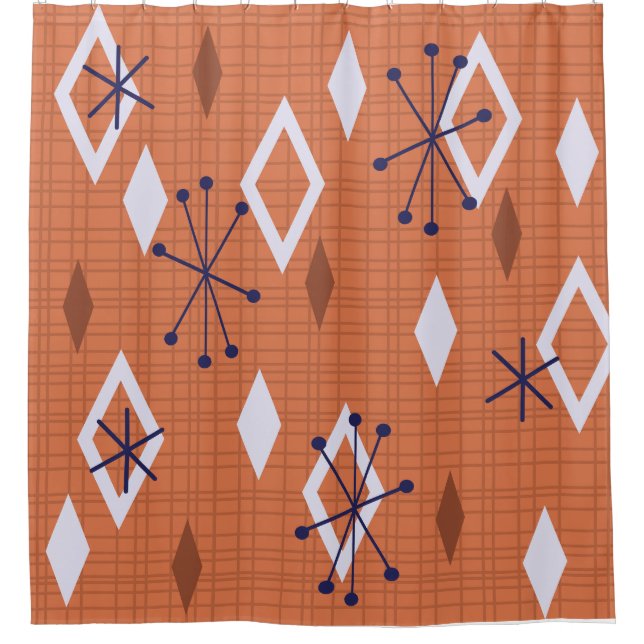 Mid Century Diamonds Starbursts Burnt Orange Shower Curtain (Front)