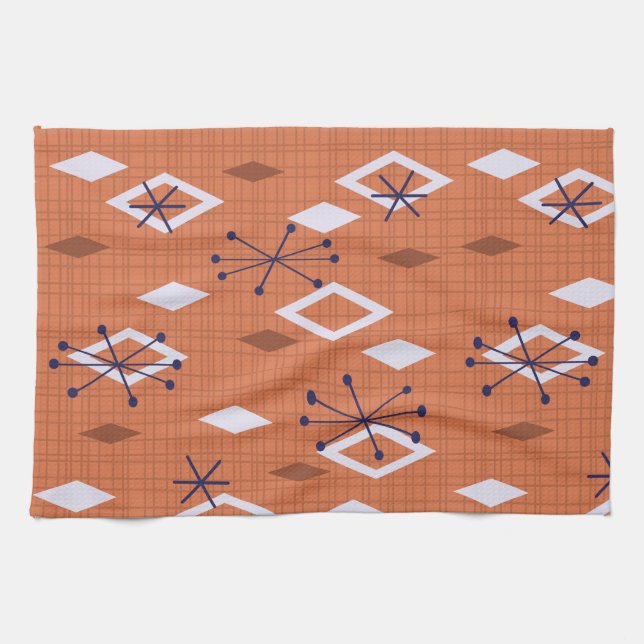 Mid Century Diamonds Starbursts Burnt Orange Tea Towel (Horizontal)