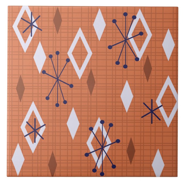 Mid Century Diamonds Starbursts Burnt Orange Tile (Front)