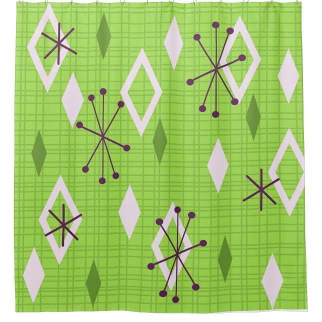 Mid Century Diamonds Starbursts Chartreuse Shower Curtain (Front)