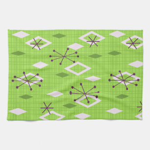 Mid Century Diamonds Starbursts Chartreuse Tea Towel
