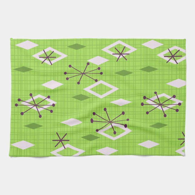 Mid Century Diamonds Starbursts Chartreuse Tea Towel (Horizontal)