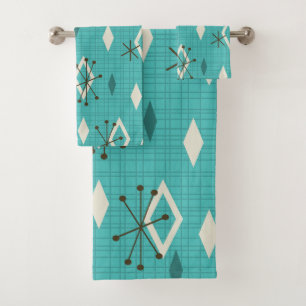 Mid Century Diamonds Starbursts Turquoise Bath Towel Set