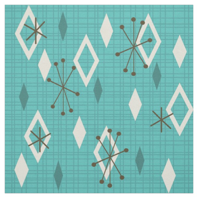 Mid Century Diamonds Starbursts Turquoise Fabric (Swatch)