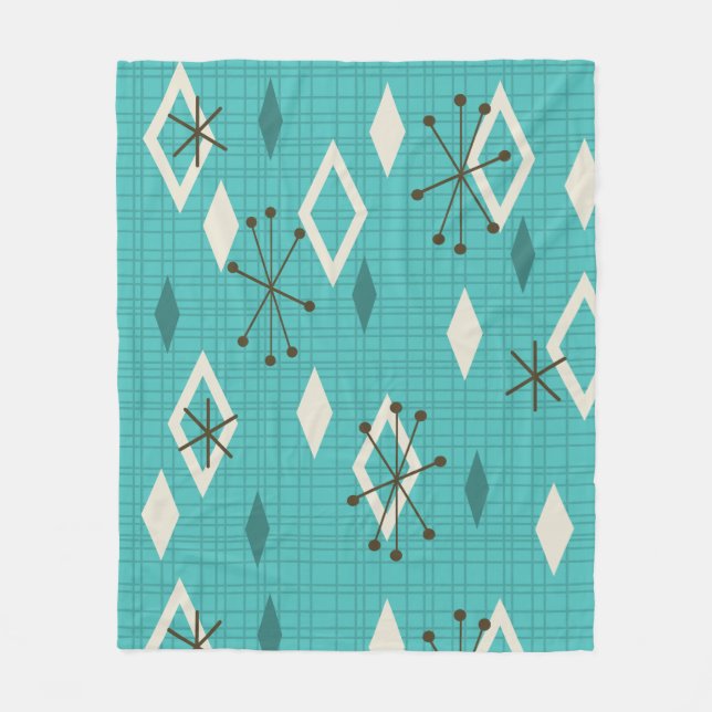 Mid Century Diamonds Starbursts Turquoise Fleece Blanket (Front)