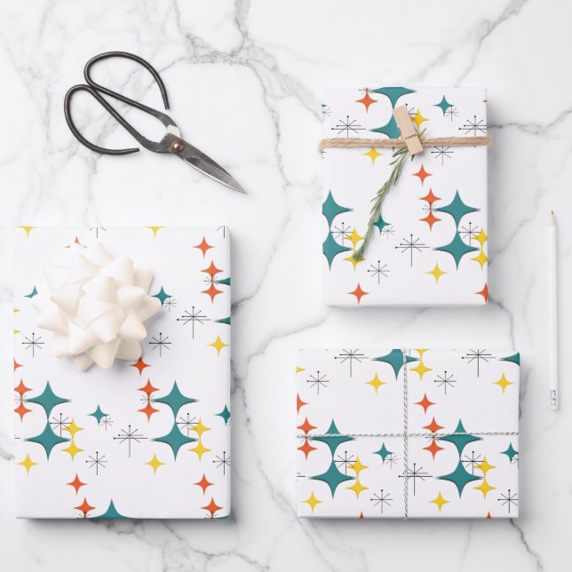 Mid Century Diamonds Starbursts Turquoise Orange Wrapping Paper Sheet (Front)